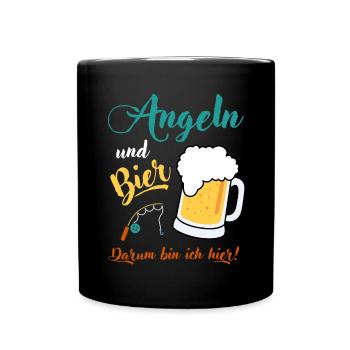 Angeln und Bier darum bin ich hier Angler Geschenk - Tasse einfarbig - Schwarz - Vorne