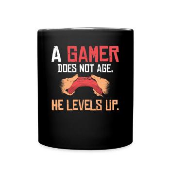 A gamer does not age he levels up lustiges Gaming - Tasse einfarbig - Schwarz - Vorne