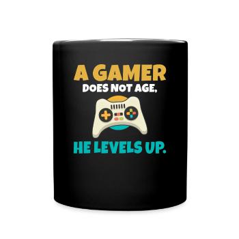 A gamer does not age he levels up lustiges Gaming - Tasse einfarbig - Schwarz - Vorne