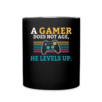 A gamer does not age he levels up lustiges Gaming - Tasse einfarbig - Schwarz - Vorne