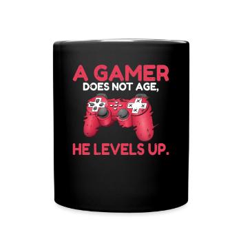 A gamer does not age he levels up lustiges Gaming - Tasse einfarbig - Schwarz - Vorne