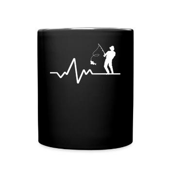 Herzschlaglinie Mit Hobbyfischer Weisses Design - Tasse einfarbig - Schwarz - Vorne