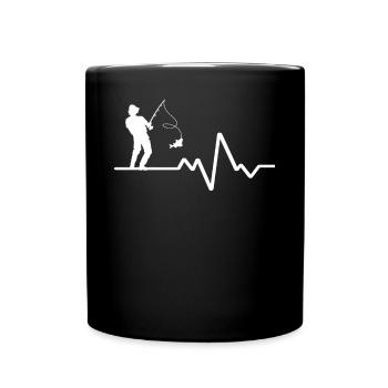 Herzschlaglinie Mit Hobbyfischer Weisses Design - Tasse einfarbig - Schwarz - Vorne