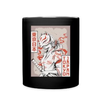 Samurai Anime Girl Kitsune Mask Tokyo Japan Ge - Full Colour Mug - black - Front