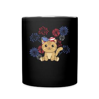 4th of July american cat for kids usa feuerwerk - Tasse einfarbig - Schwarz - Vorne