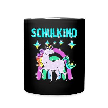 Schulkind Glitzer Einhorn mit Regenbogen - Tasse einfarbig - Schwarz - Vorne