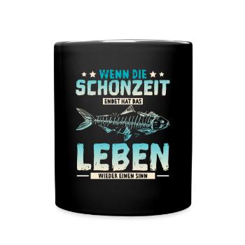 Schonzeit Angeln Fischen Angelrute - Tasse einfarbig - Schwarz - Vorne