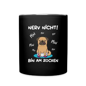 Bin am Zocken Gaming Mops Hund - Tasse einfarbig - Schwarz - Vorne
