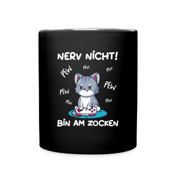 Bin am Zocken Gaming Katze - Tasse einfarbig - Schwarz - Vorne