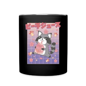 Kawaii Raccoon Drinking Peach Juice - Full Colour Mug - black - Front