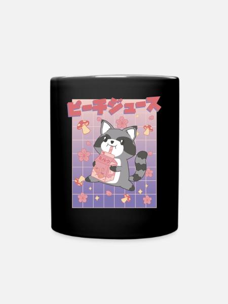 Kawaii Raccoon Drinking Peach Juice - Tasse einfarbig - Schwarz