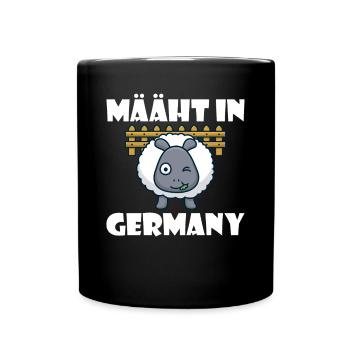 Mäht in Germany lustiger Rasenmäher und Schaf Spru - Tasse einfarbig - Schwarz - Vorne