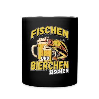 Fischen und Bierchen zischen Angeln Angler Spruch - Tasse einfarbig - Schwarz - Vorne
