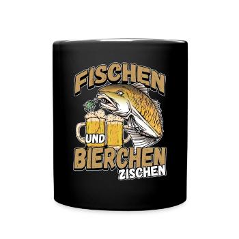 Fischen und Bierchen zischen Angeln Angler Spruch - Tasse einfarbig - Schwarz - Vorne