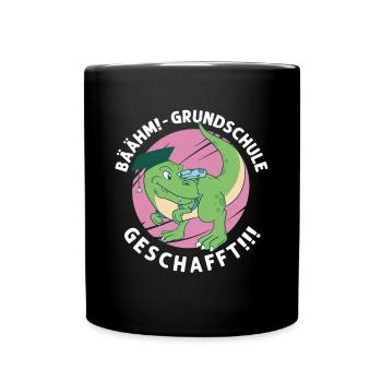 Grundschule geschafft, Schulkind Geschenkidee Dino - Tasse einfarbig - Schwarz - Vorne