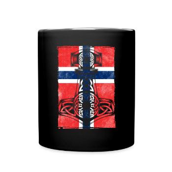 Norwegische Flagge mit Thors Hammer Mjölnir - Tasse einfarbig - Schwarz - Vorne