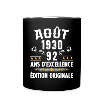 92 Ans Anniversaire Vintage Né(e) en Août 1930 - Mug uni - noir - Devant