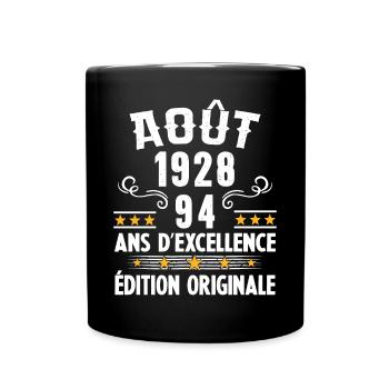 94 Ans Anniversaire Vintage Né(e) en Août 1928 - Mug uni - noir - Devant
