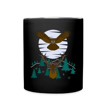 Rothirsch Eulen Vogel Tier Motiv - Tasse einfarbig - Schwarz - Vorne