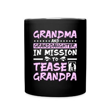 Grandma and granddaughter tease grandpa - Full Colour Mug - black - Front