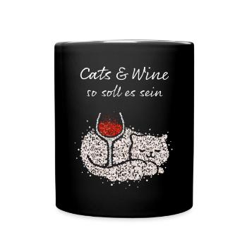 Wein Vino Weinliebhaber Katzenbesitzer Katzen - Tasse einfarbig - Schwarz - Vorne
