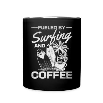 Surfen, angetrieben durch Surfen und Kaffee, - Tasse einfarbig - Schwarz - Vorne