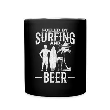 Surfer angetrieben durch Surfen und Bier Lustiger - Tasse einfarbig - Schwarz - Vorne