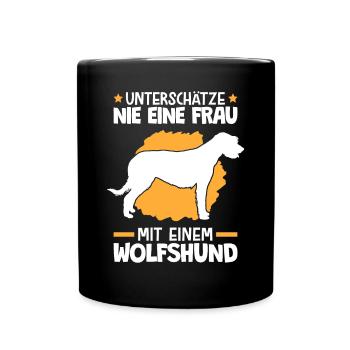 Unterschätze nie eine Frau mit Irischer Wolfshund - Tasse einfarbig - Schwarz - Vorne