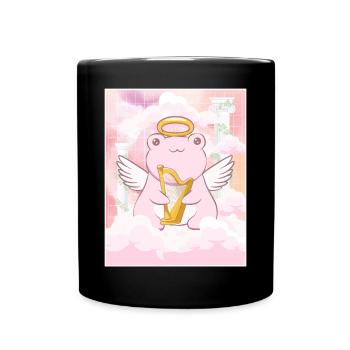 Angelcore Aesthetic Kawaii Frog Angel Harpist - Full Colour Mug - black - Front