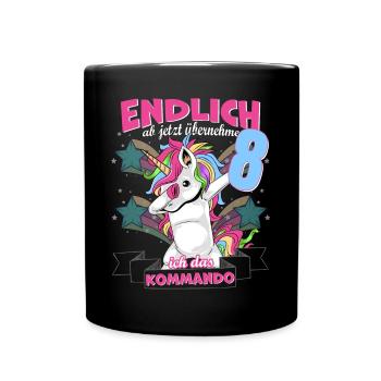 Kinderkleidung, Einhorn zum 8. Geburtstag, 8 Jahre - Tasse einfarbig - Schwarz - Vorne