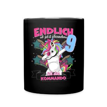 Kinderkleidung, Einhorn zum 9. Geburtstag, 9 Jahre - Tasse einfarbig - Schwarz - Vorne