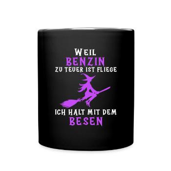 Lustiger Hexe Hexen Hexenbesen Halloween Spruch - Tasse einfarbig - Schwarz - Vorne