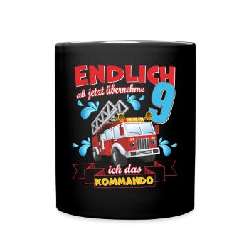 Feuerwehrauto, Feuerwehr zum 9 Geburtstag 9 Jahre - Tasse einfarbig - Schwarz - Vorne