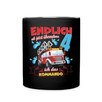 Feuerwehrauto, Feuerwehr zum 4. Geburtstag 4 Jahre - Tasse einfarbig - Schwarz - Vorne