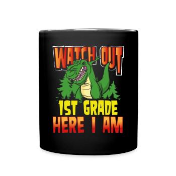 T Rex 1. Klasse Hier Bin Ich - Tasse einfarbig - Schwarz - Vorne