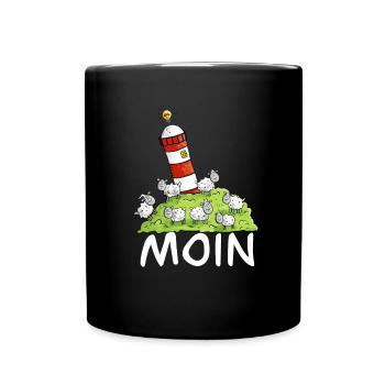 Moin Leuchtturm Und Schafe Auf Der Nordseeinsel - Tasse einfarbig - Schwarz - Vorne