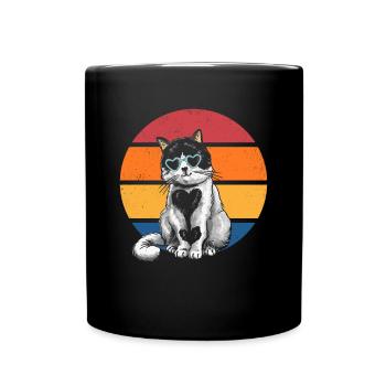 Cat Lovers Retro Sunset Cat Sunbathing - Full Colour Mug - black - Front