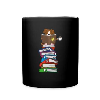Hund liest Bücher mit Kaffee - Tasse einfarbig - Schwarz - Vorne