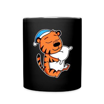Tiger with pillow and sleeping cap - Full Colour Mug - black - Front
