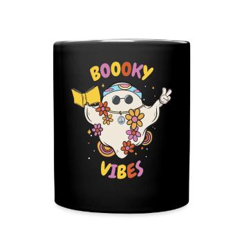 Reading Teacher Halloween Groovy Floral Ghost Book - Full Colour Mug - black - Front