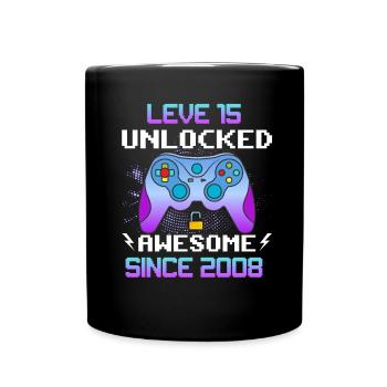 Level 15 Unlocked Awesome Since 2008 Funny Gamer - Full Colour Mug - black - Front