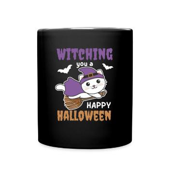 Katze Hexe Hexen Witching you a Happy Halloween - Tasse einfarbig - Schwarz - Vorne
