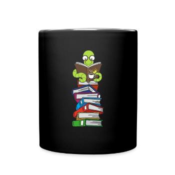 Wurm liest Bücher mit Kaffee - Tasse einfarbig - Schwarz - Vorne