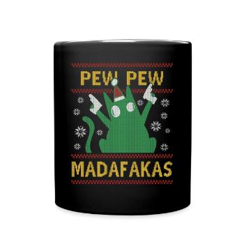 Pew Pew Ugly Christmas Crazy Cat - Full Colour Mug - black - Front