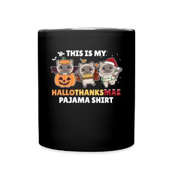Hallothanksmas Pajama Shirt Katze Weihnachtstier - Tasse einfarbig - Schwarz - Vorne