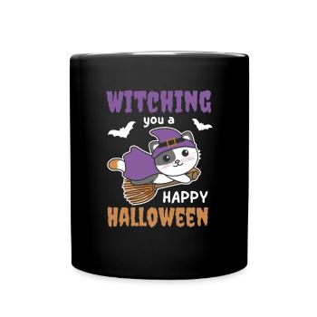 Katze Hexe Hexen Witching you a Happy Halloween - Tasse einfarbig - Schwarz - Vorne