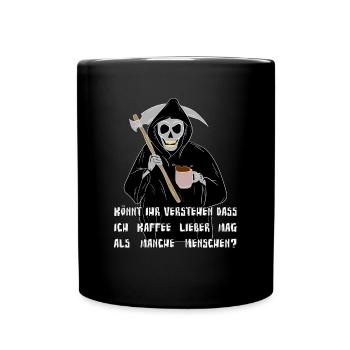 Skelett Sensenmann trinkt Kaffee Halloween - Tasse einfarbig - Schwarz - Vorne
