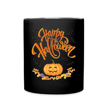 HAPPY HALLOWEEN WITH PUMPKIN AND CANDY - Full Colour Mug - black - Front