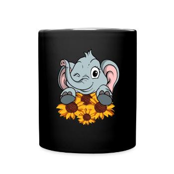 Niedlicher Elefant liebt Sonnenblume - Tasse einfarbig - Schwarz - Vorne