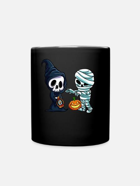 Mumie und Skelett mit Kürbis - Tasse einfarbig - Schwarz